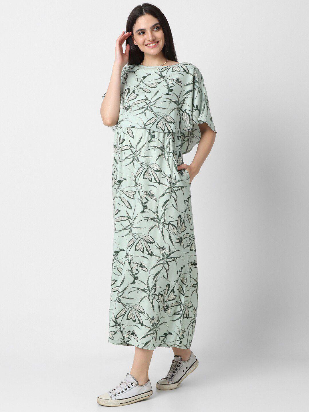 mystere paris floral printed boat neck cape sleeves cotton maternity a-line midi dress