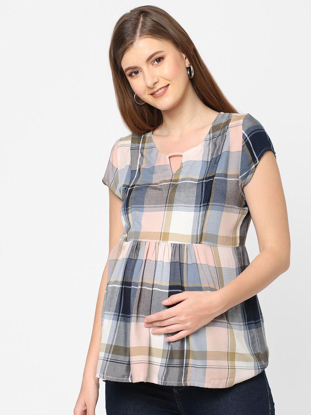 mystere paris multicoloured checked extended sleeves peplum top