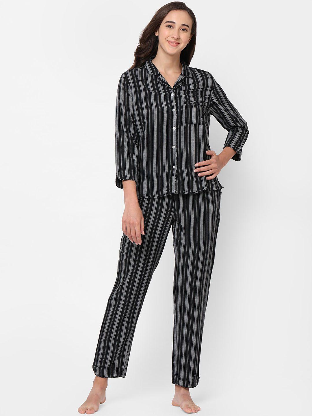mystere paris women black & grey striped pure cotton night suit