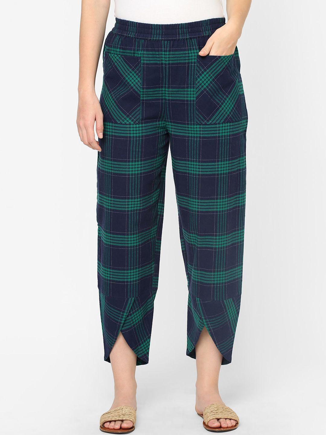 mystere paris women blue & green checked cotton lounge pant