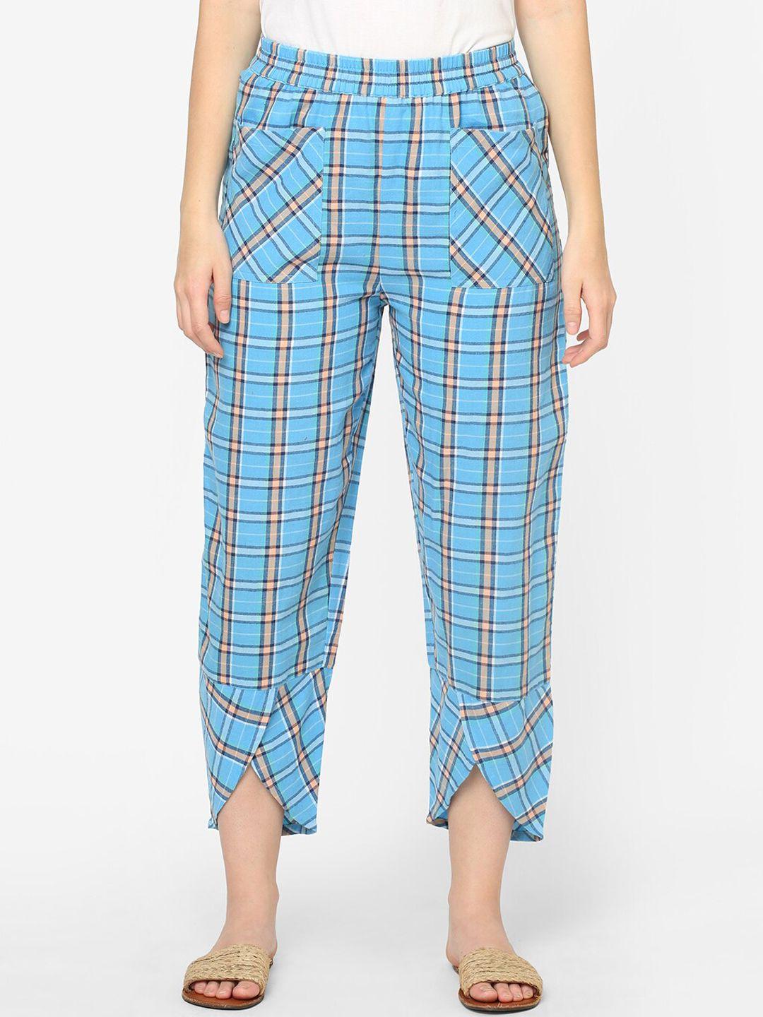 mystere paris women blue cotton checked lounge pant