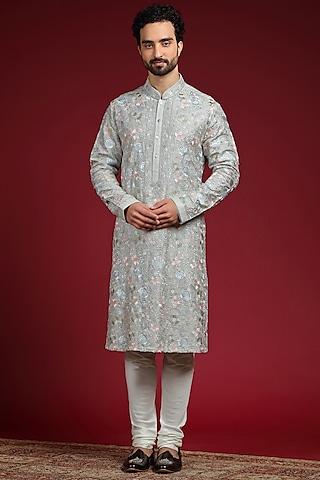 mystic jade silk blend jaal embroidered kurta set