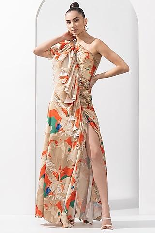 mystic orange satin & organza printed dress