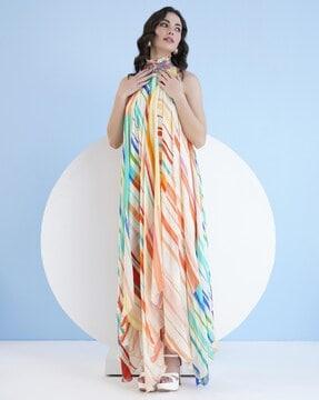 mystic striped halter-neck asymmetric a-line dress