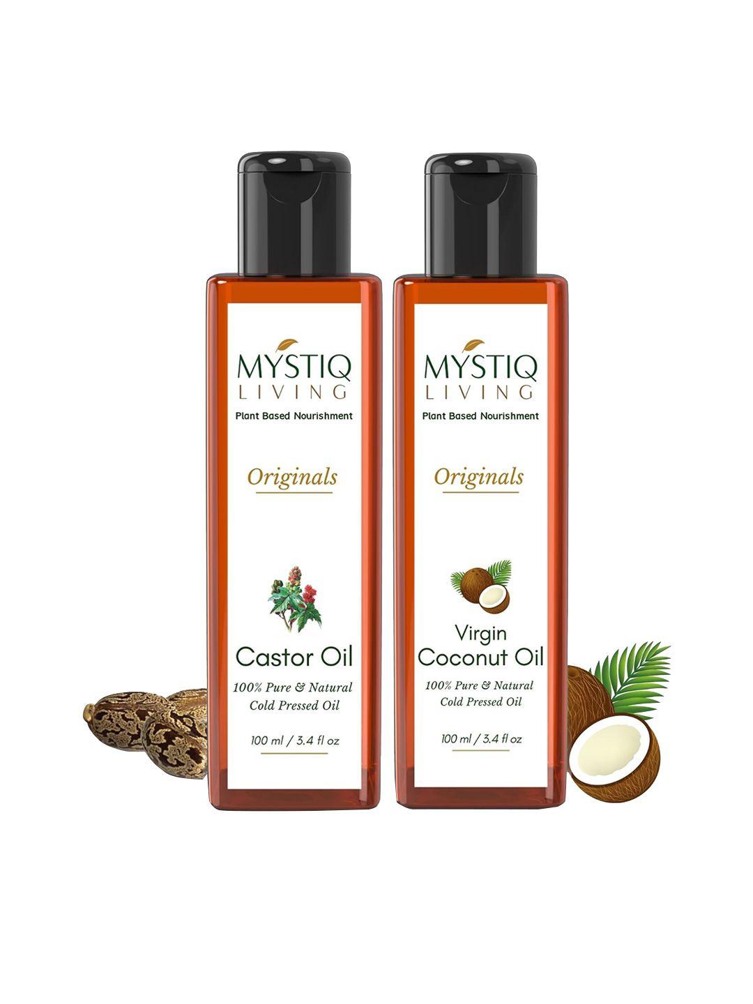 mystiq living 100% pure cold-pressed castor & coconut hair & skin care oil - 100ml each