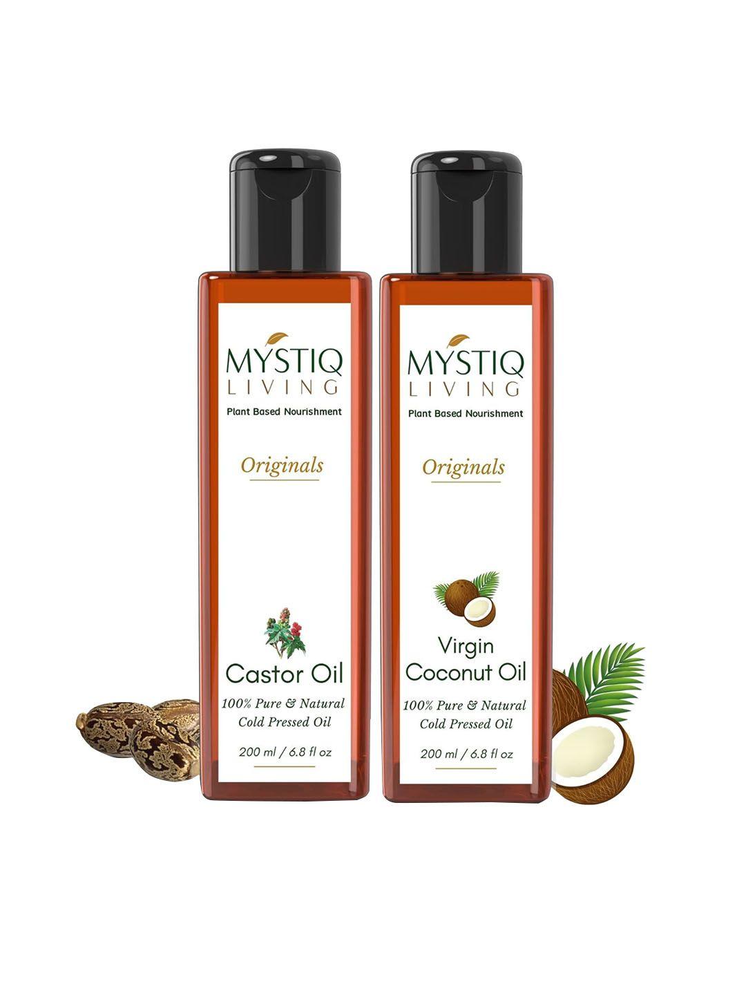 mystiq living 100% pure cold-pressed castor & coconut hair & skin care oil - 200ml each