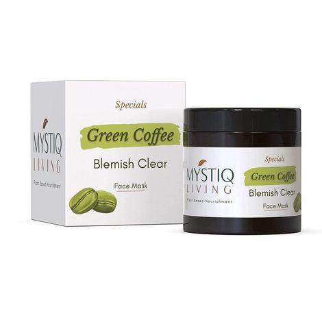 mystiq living specials - green coffee blemish clear - face pack mask | anti pigmentation, dark spot removal, de tan and glowing skin | with licorice & sandalwood | ayurvedic formulation-100 grm