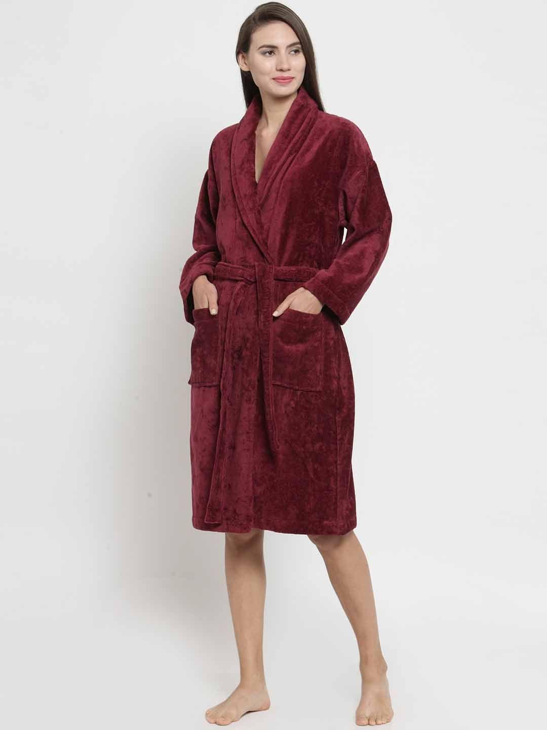 mytrident women maroon solid bath robe 8904266236697