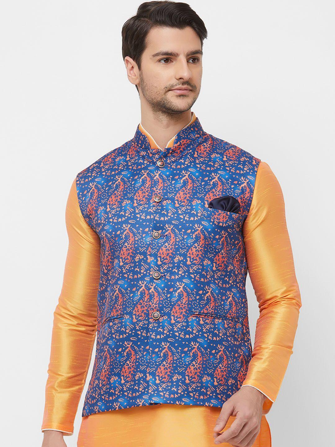 n dot men blue & orange paisley printed woven nehru jacket