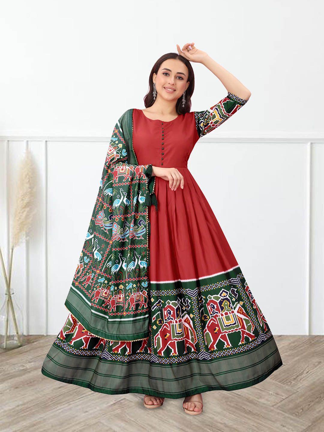 n n enterprise ethnic motifs printed silk fit & flare ethnic dress with dupatta