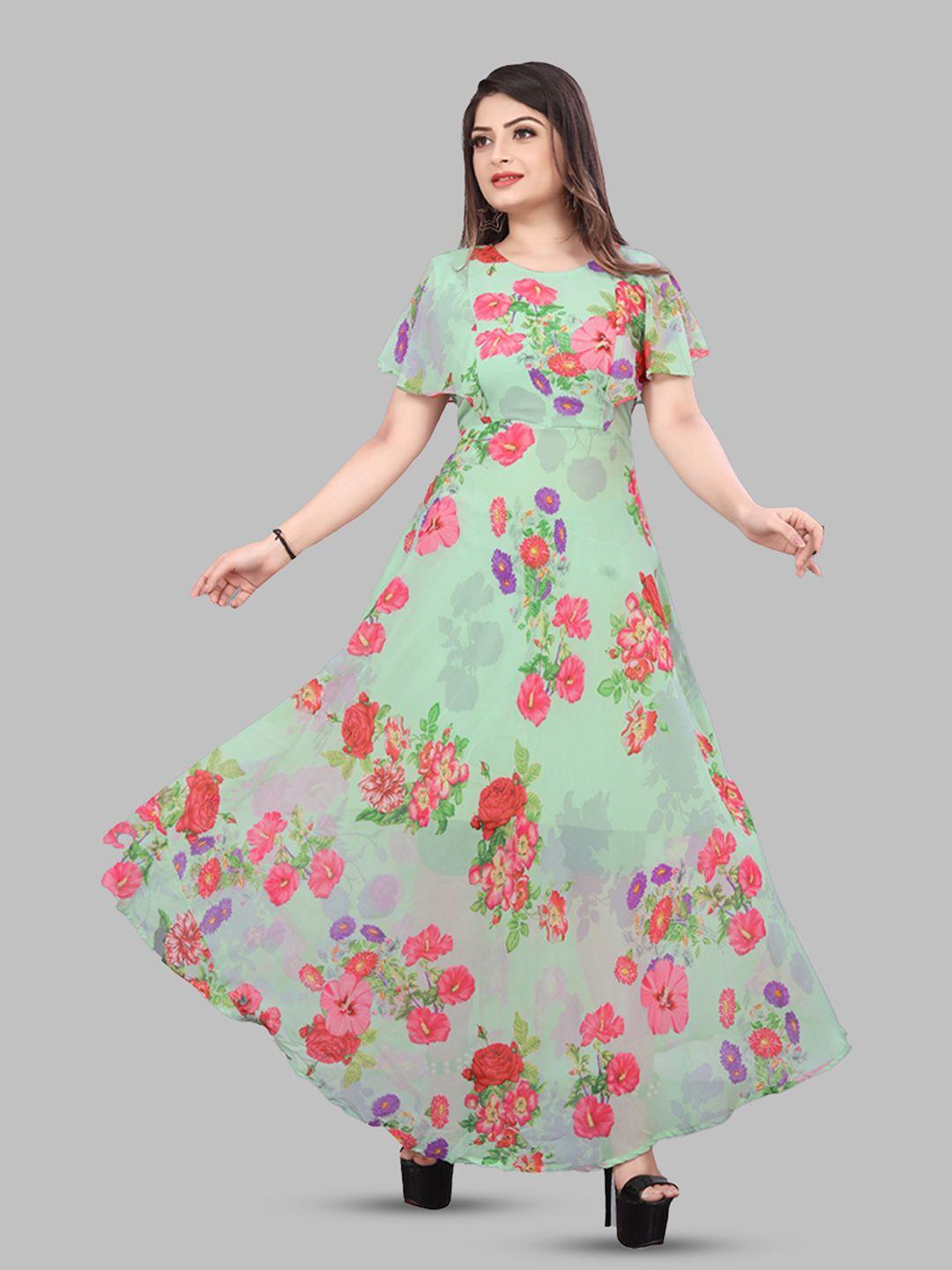 n n enterprise floral printed flared sleeves gathered georgette fit & flare maxi dress