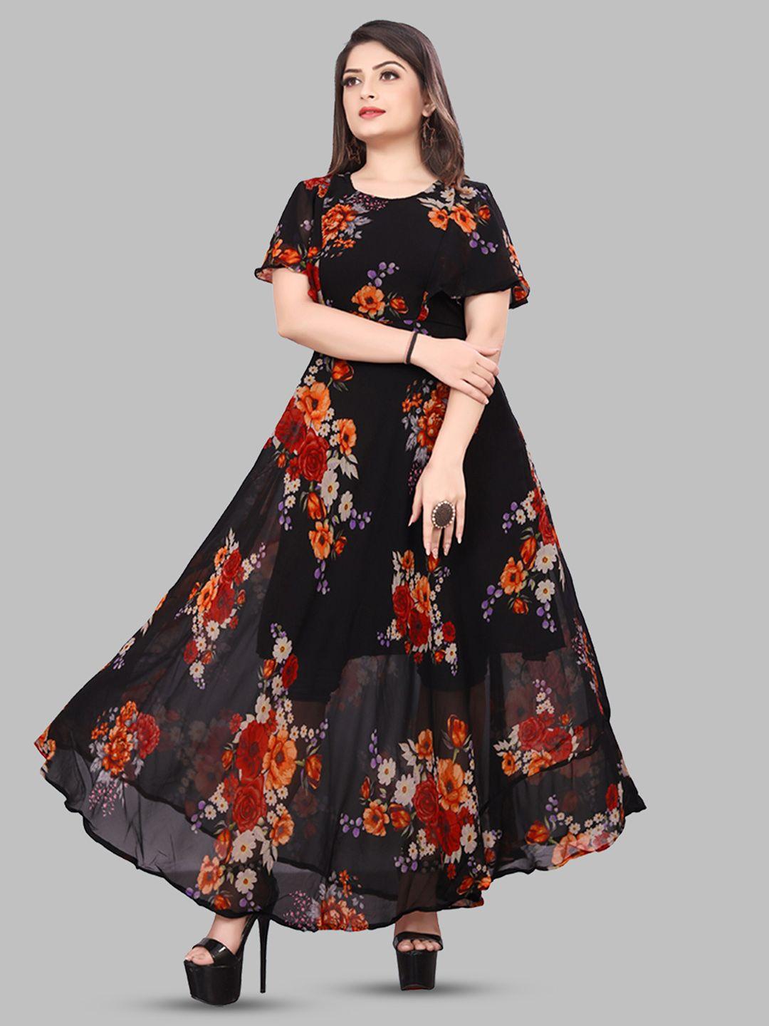 n n enterprise floral printed georgette flared sleeves fit & flare maxi dress