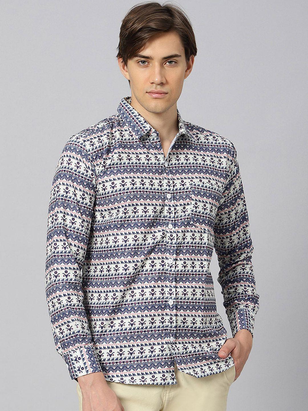 n and j men cream-coloured classic opaque printed casual shirt