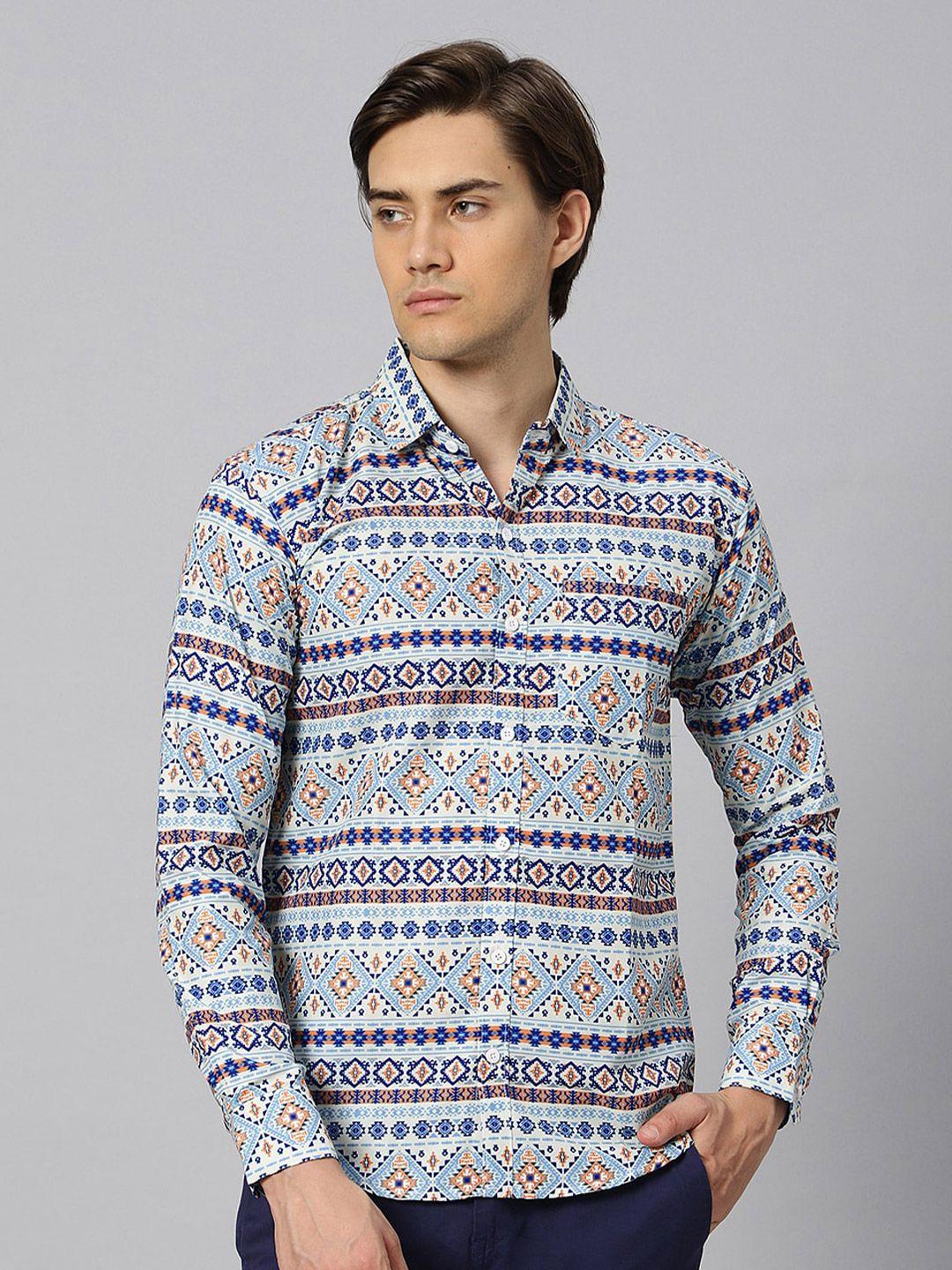 n and j men cream-coloured classic opaque printed casual shirt