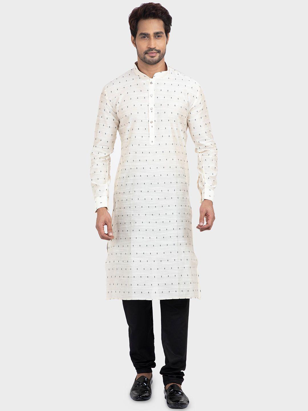 n dot men cream-coloured & black woven design kurta with pyjamas