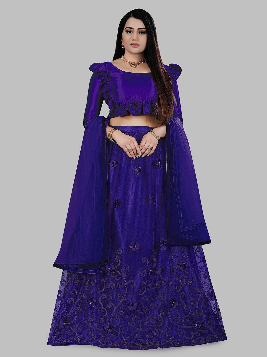 n enterprise blue & black thread work semi-stitched lehenga & unstitched blouse with dupatta