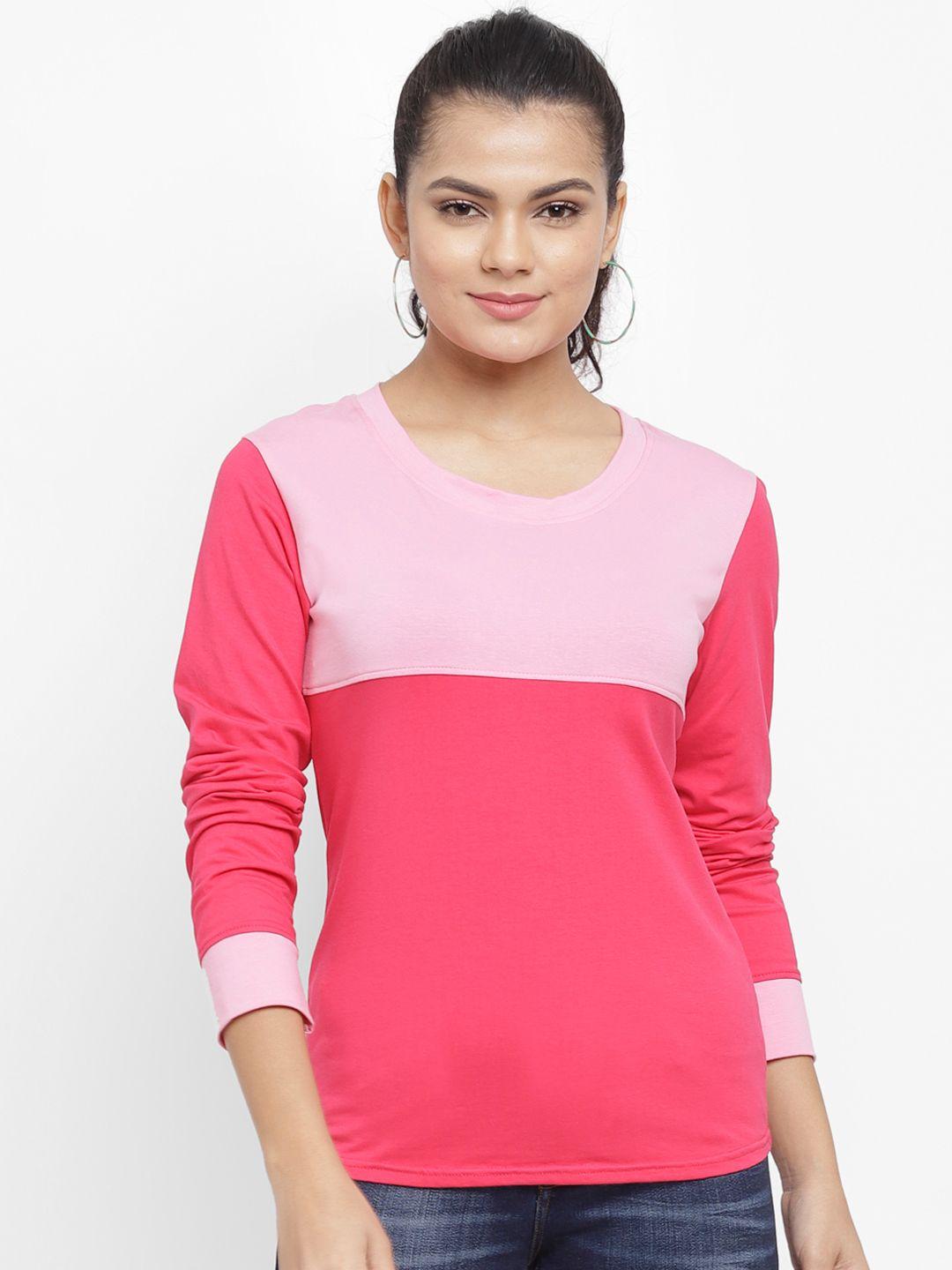 n-gal women pink colourblocked round neck pure cotton t-shirt