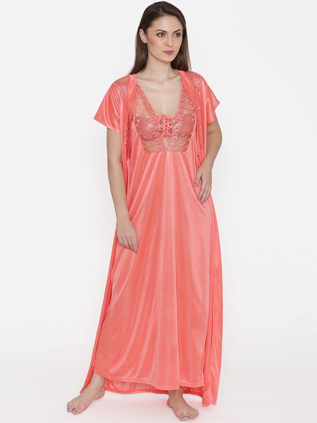 n-gal orange embroidered lace bridal nightdress with robe