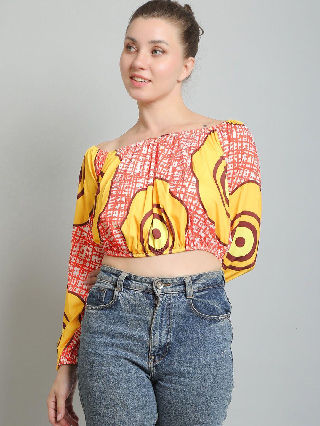 n-gal print off-shoulder smocked blouson crop top