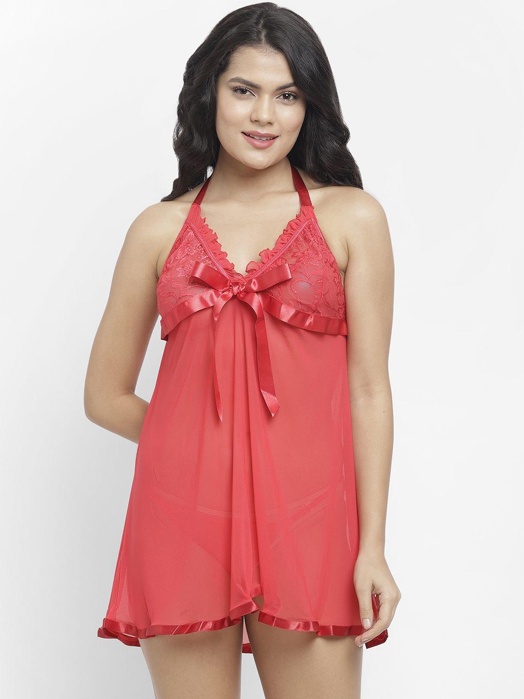 n-gal red self design sheer lace baby doll