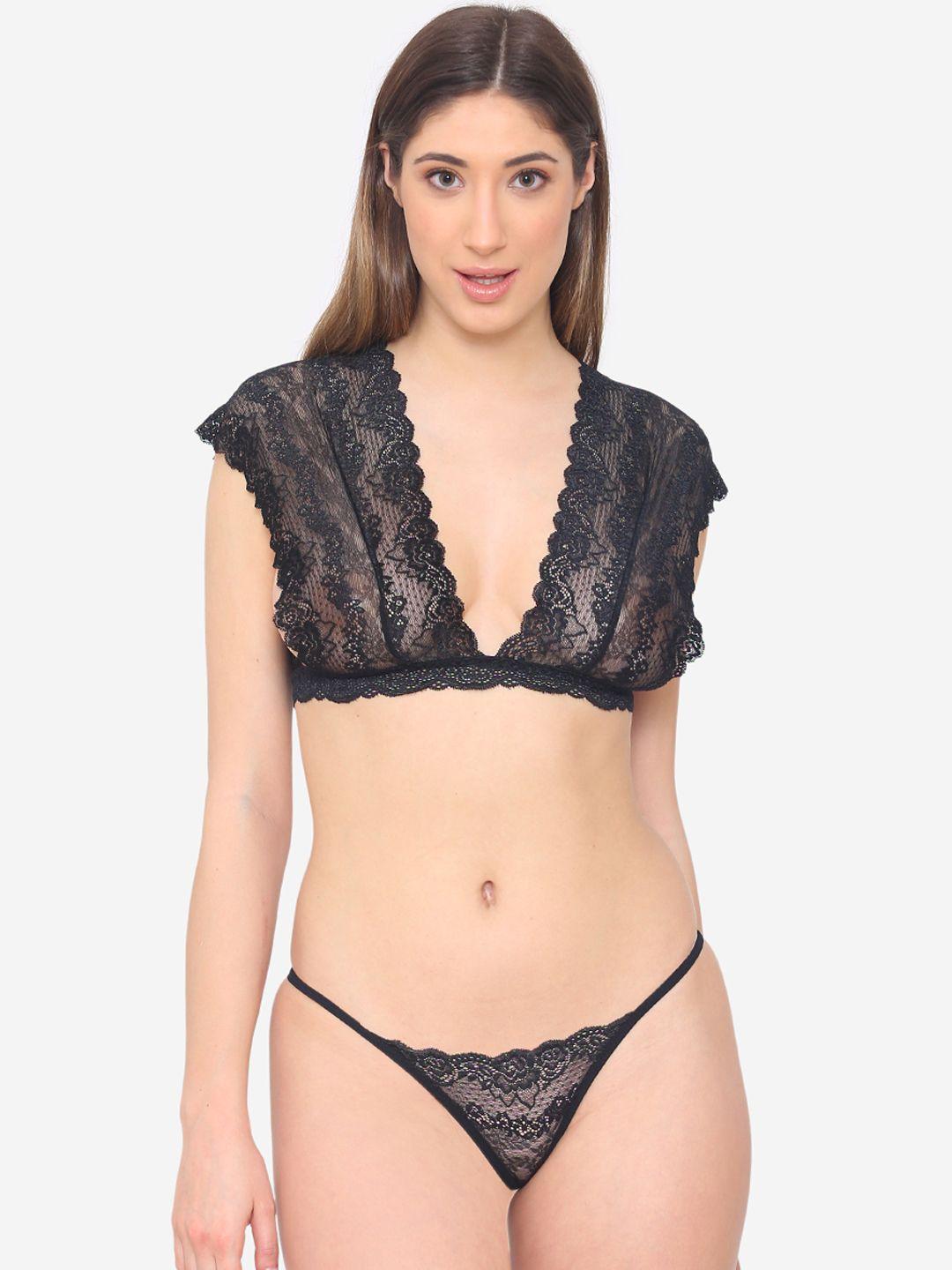 n-gal women black solid sheer lace lingerie set nrls05