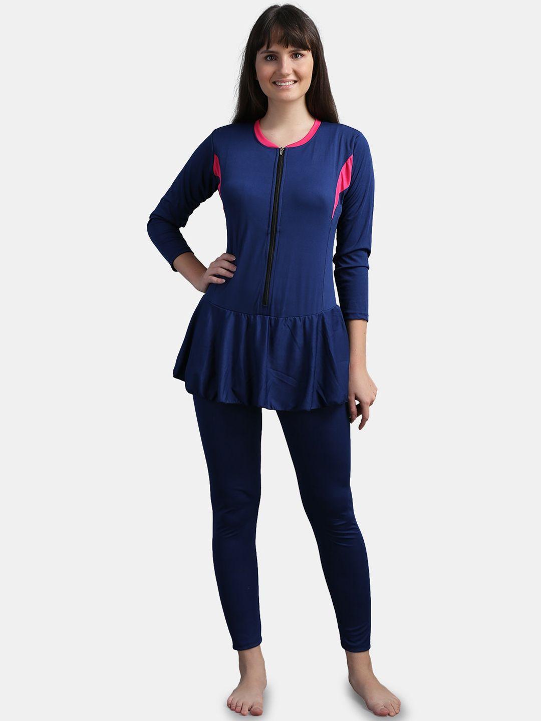 n-gal women navy blue & pink colourblocked full-length swimwear