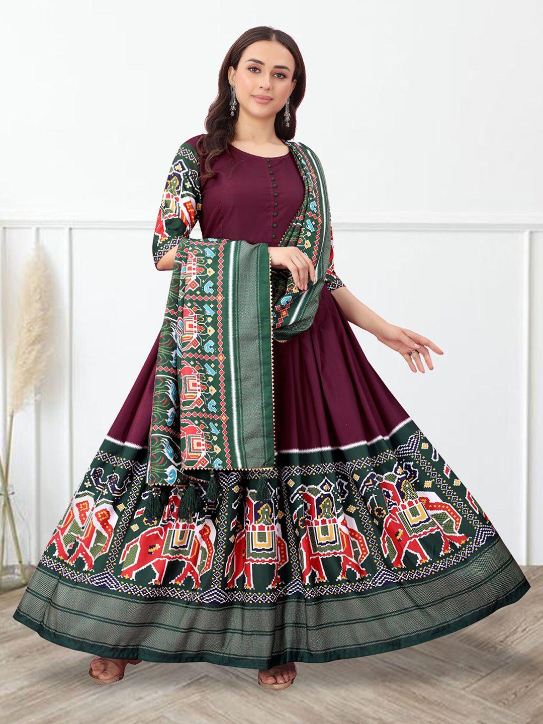 n n enterprise  ethnic motifs printed fit & flare ethnic dress with dupatta