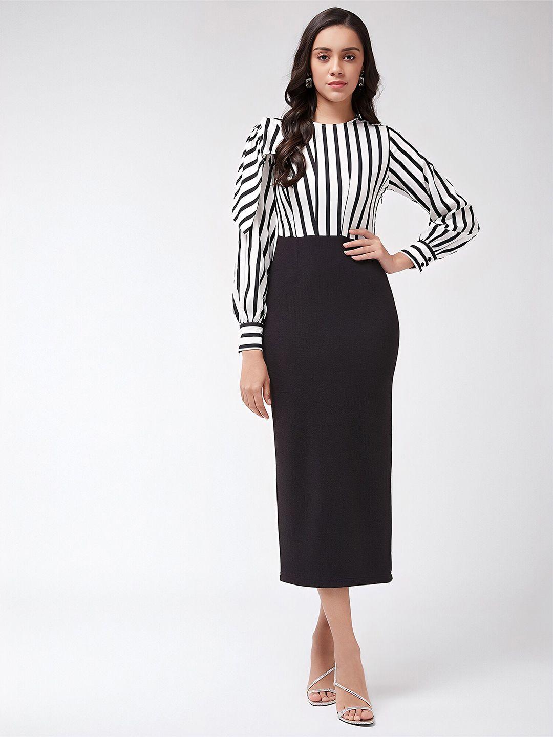 n n enterprise black striped puff sleeve sheath midi dress