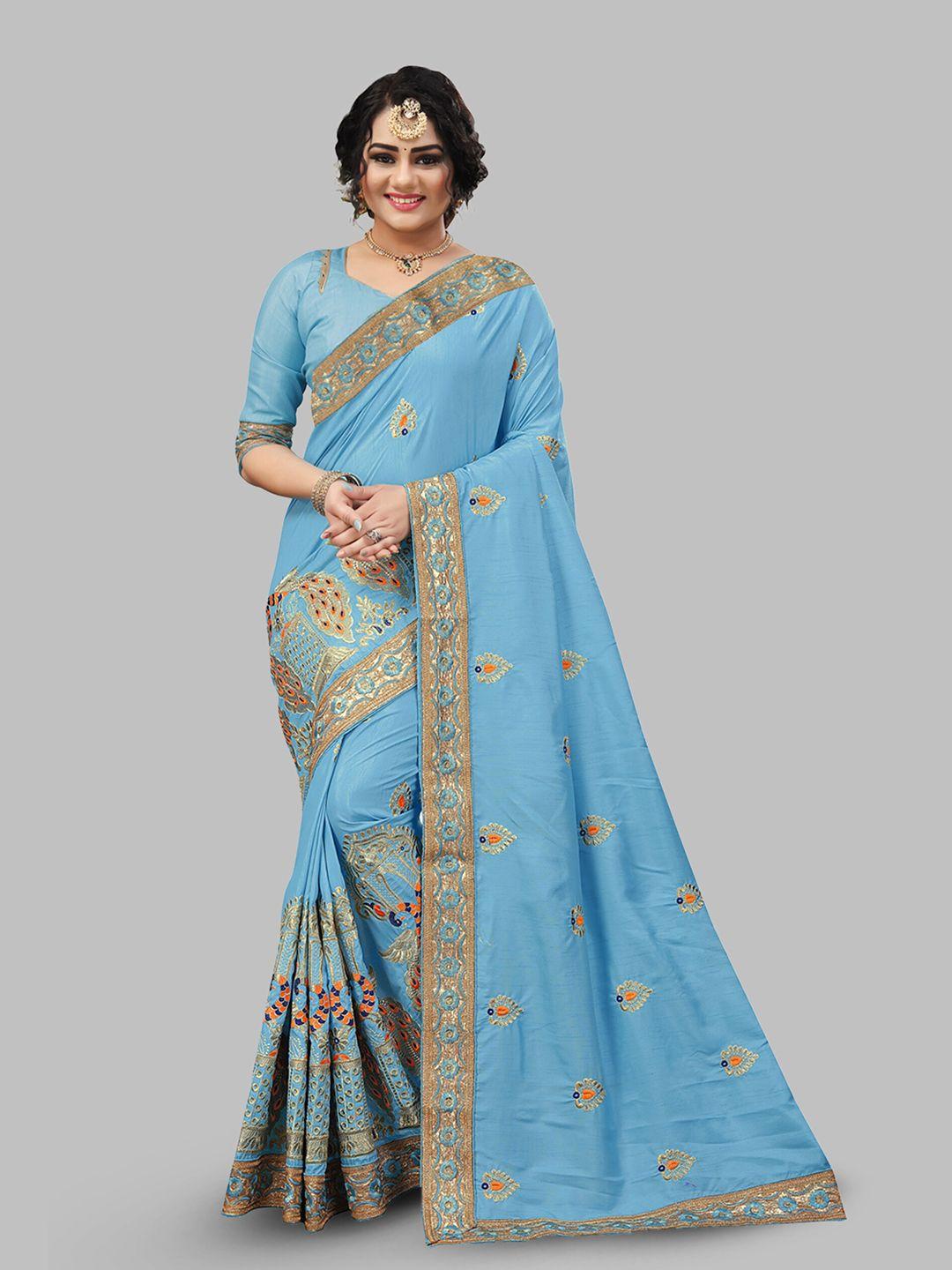 n n enterprise blue & gold-toned ethnic motifs embroidered net leheriya saree