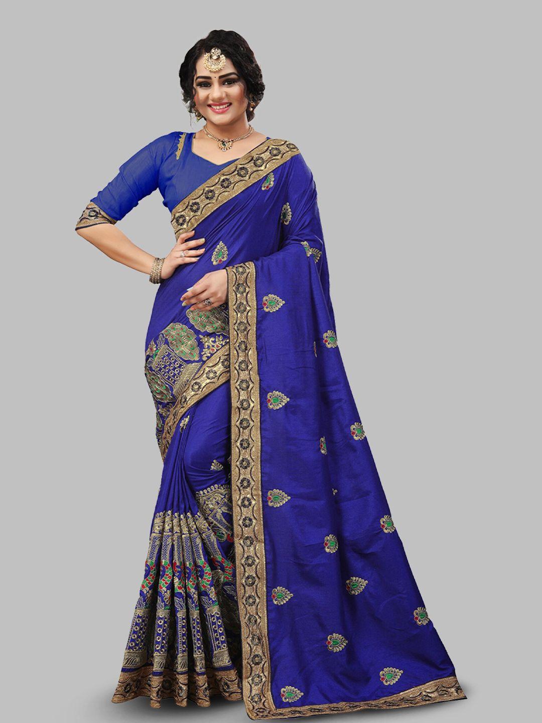 n n enterprise blue & pink embellished embroidered net leheriya saree