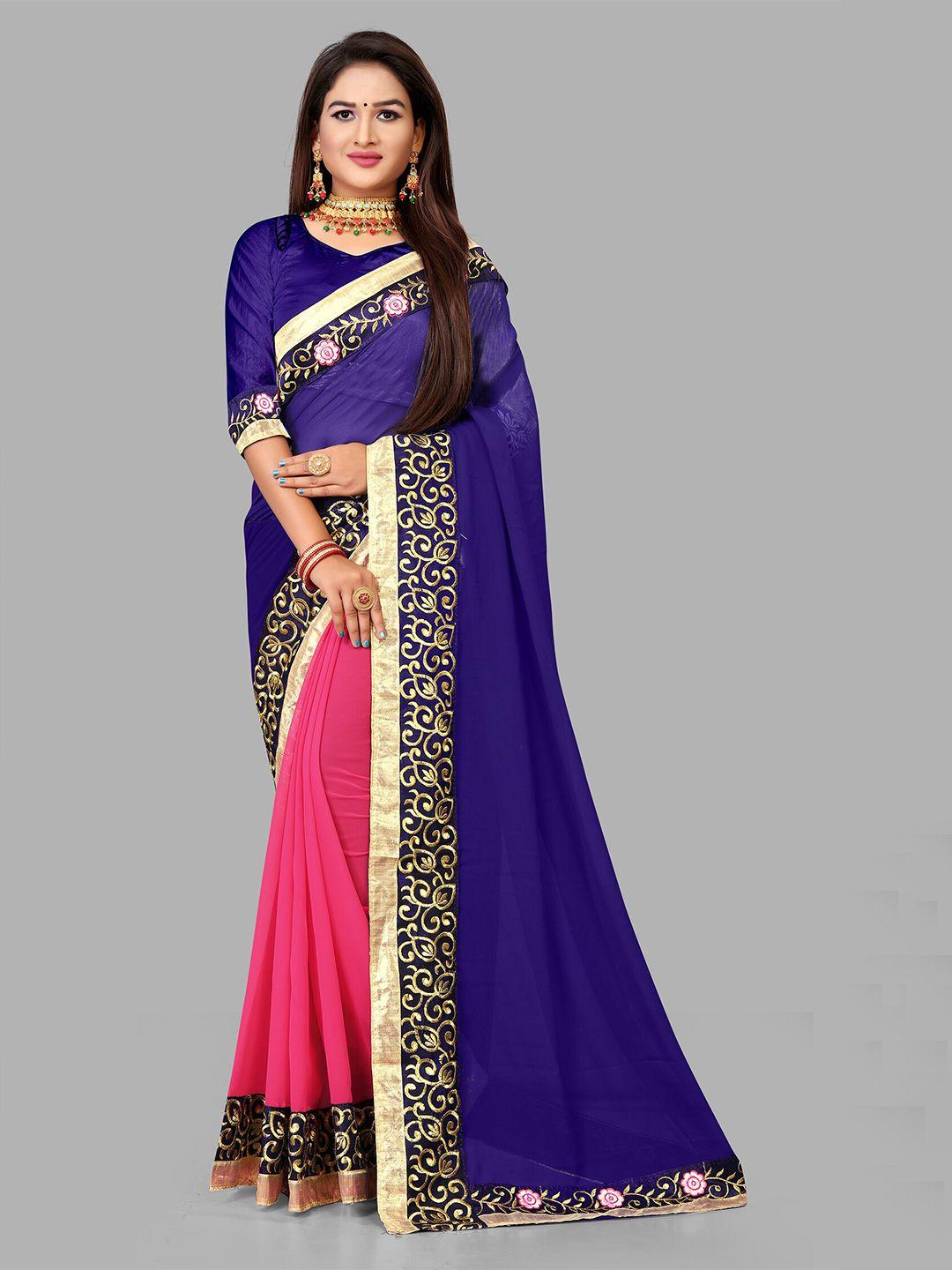 n n enterprise blue & pink floral embroidered poly georgette half and half leheriya saree