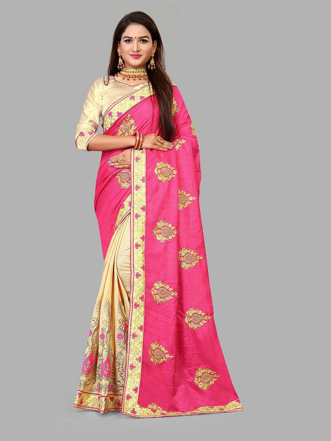 n n enterprise cream-coloured & pink ethnic motifs embroidered poly georgette half and half leheriya saree