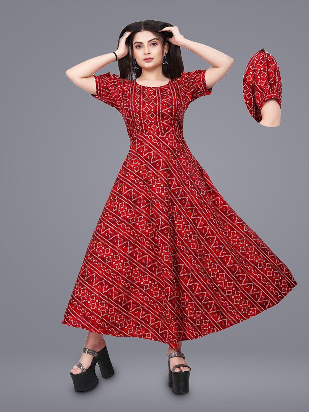 n n enterprise ethnic motifs printed puff sleeve fit & flare maxi dress