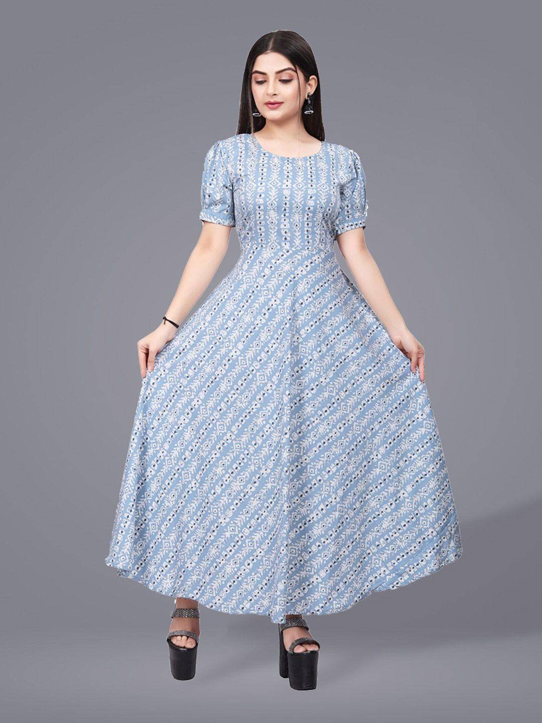 n n enterprise ethnic motifs printed puff sleeves fit & flare maxi ethnic dress