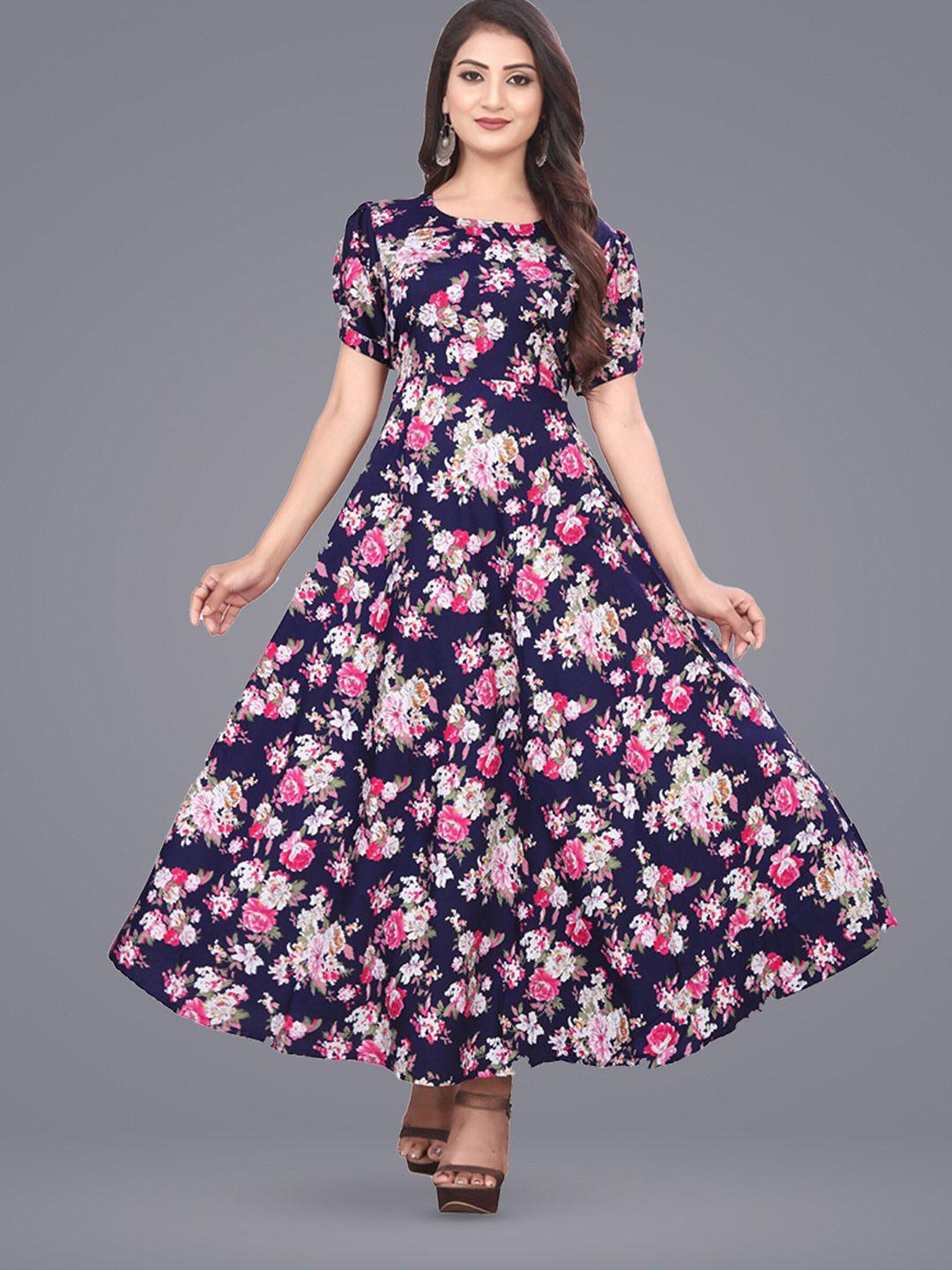 n n enterprise floral printed puff sleeve fit & flare maxi dress