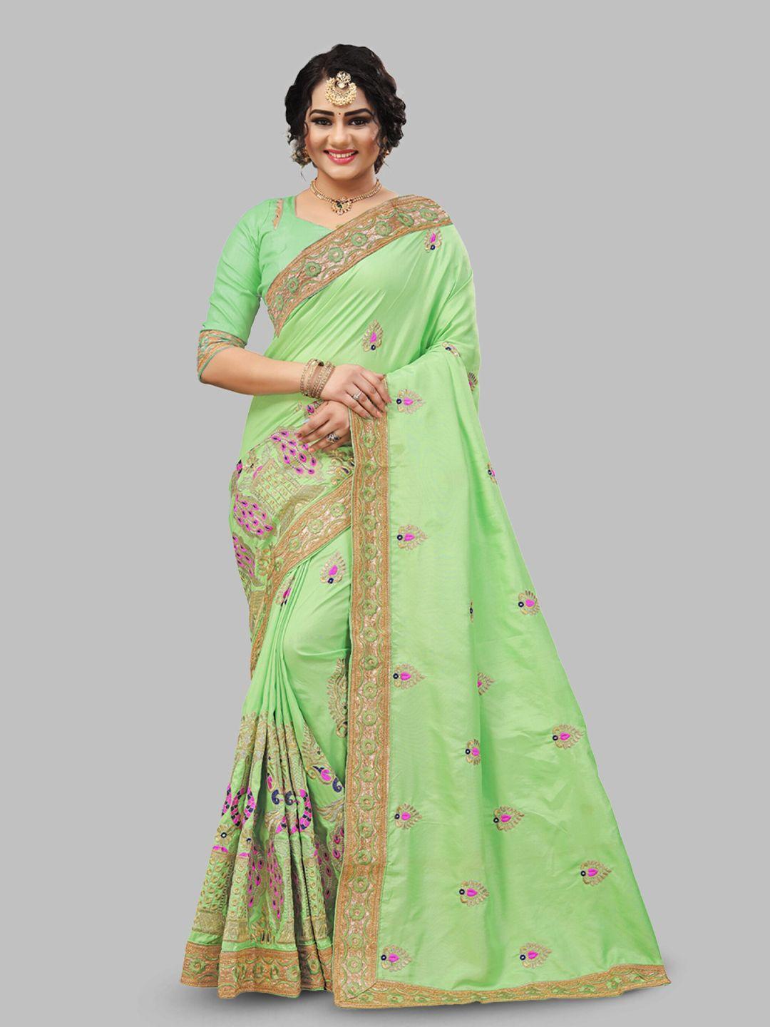 n n enterprise green & gold-toned ethnic motifs embroidered net leheriya saree