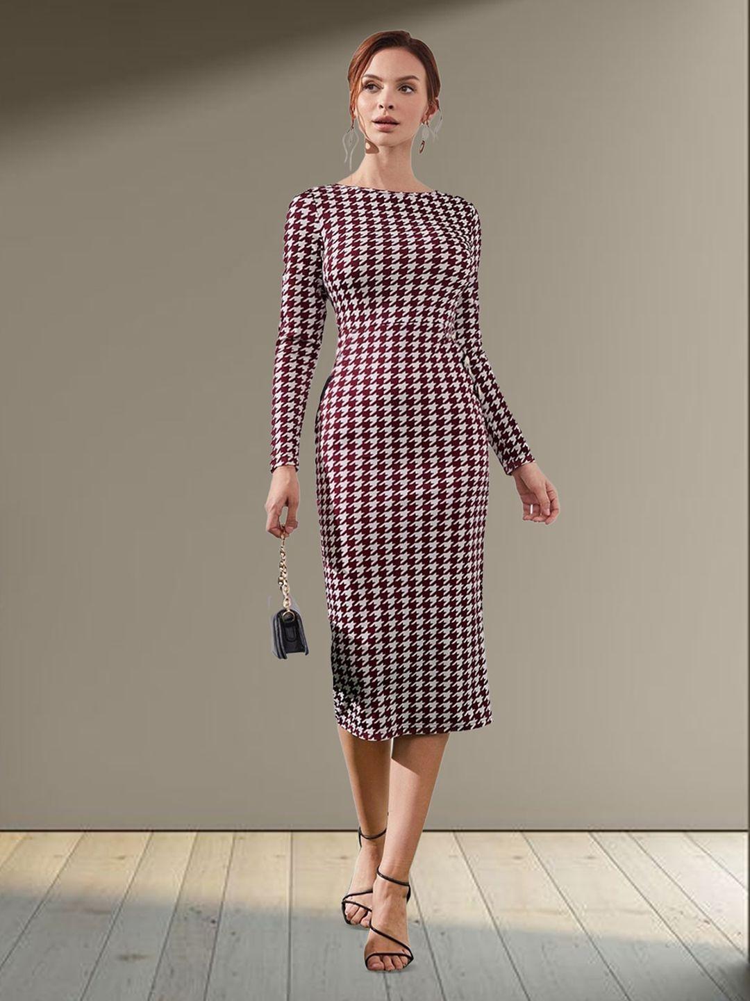 n n enterprise maroon & chocolate brown checked sheath dress