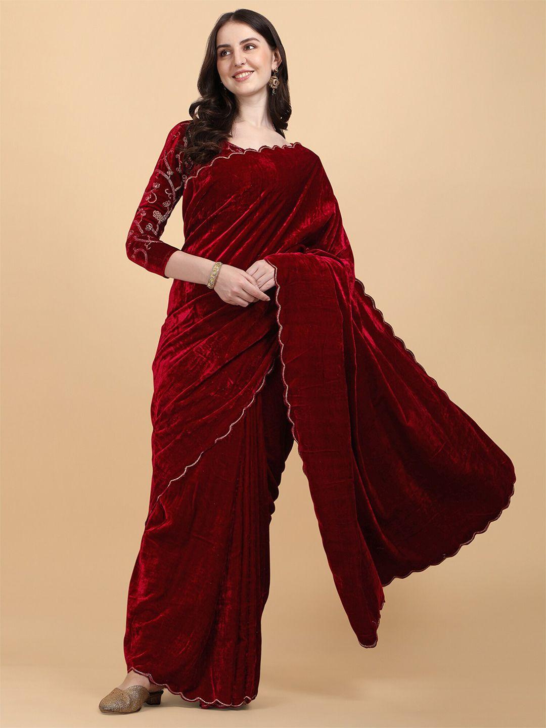 n n enterprise maroon woven design embroidered velvet saree
