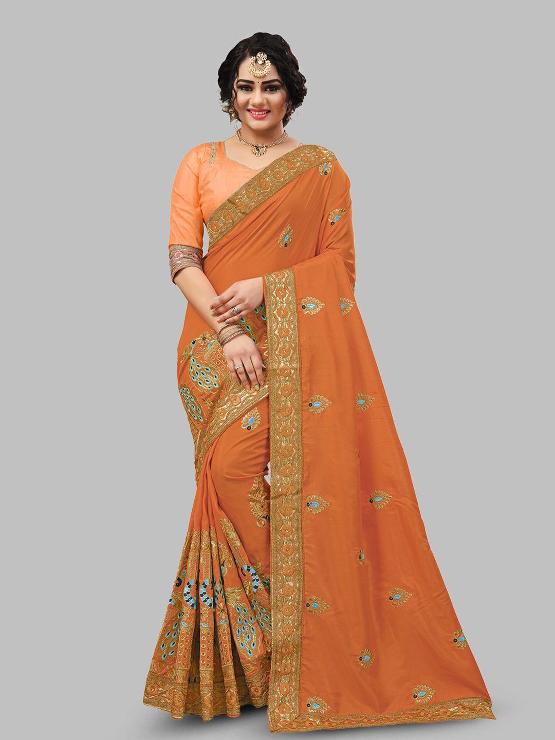n n enterprise orange & blue floral embroidered net leheriya saree