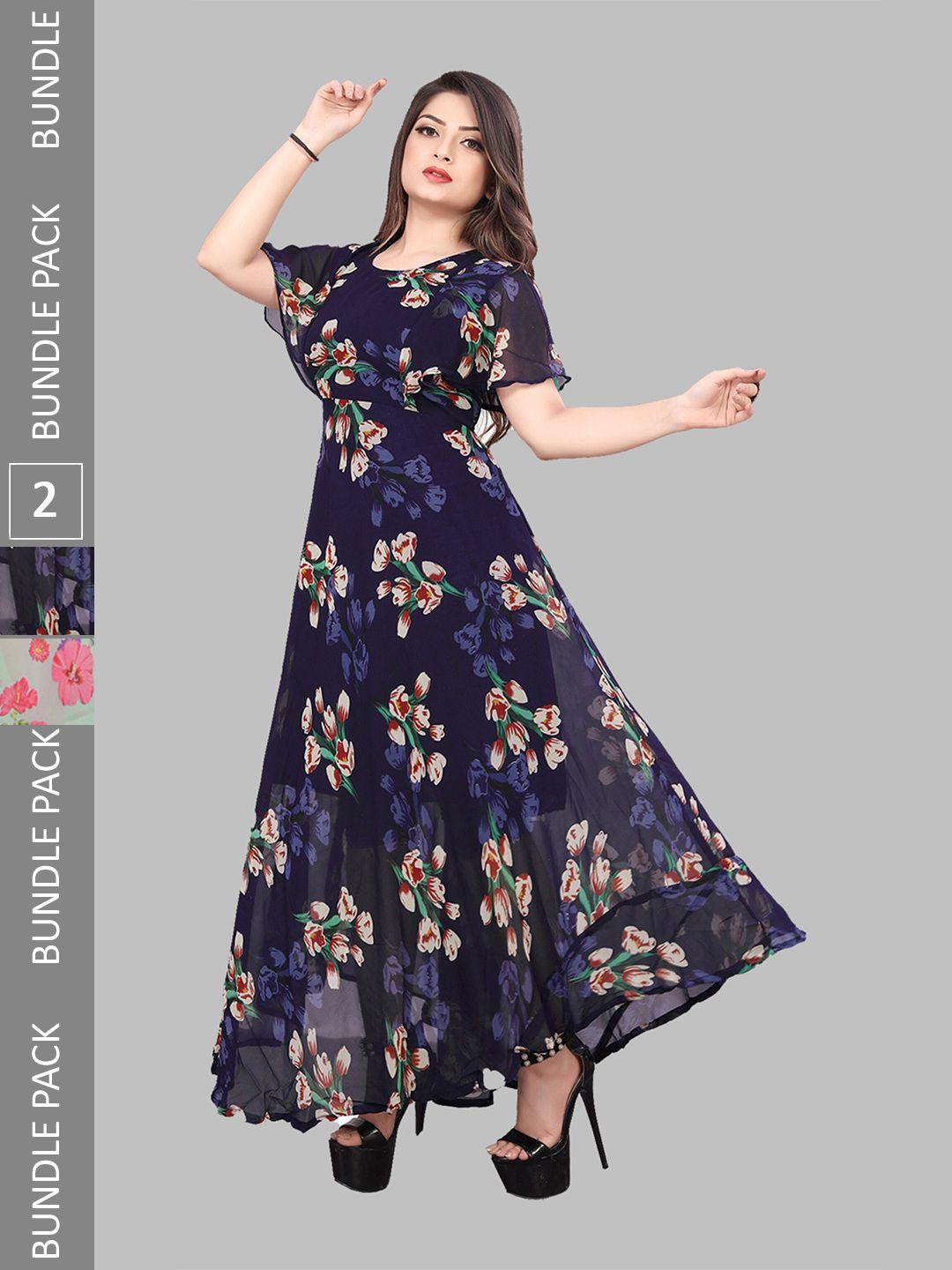 n n enterprise pack of 2 floral printed crepe fit & flare maxi ethnic dresses