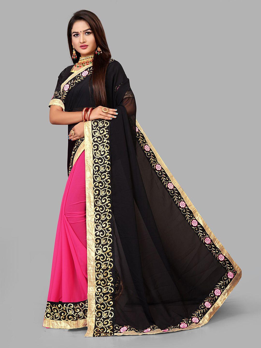 n n enterprise pink & black embroidered poly georgette half and half leheriya saree