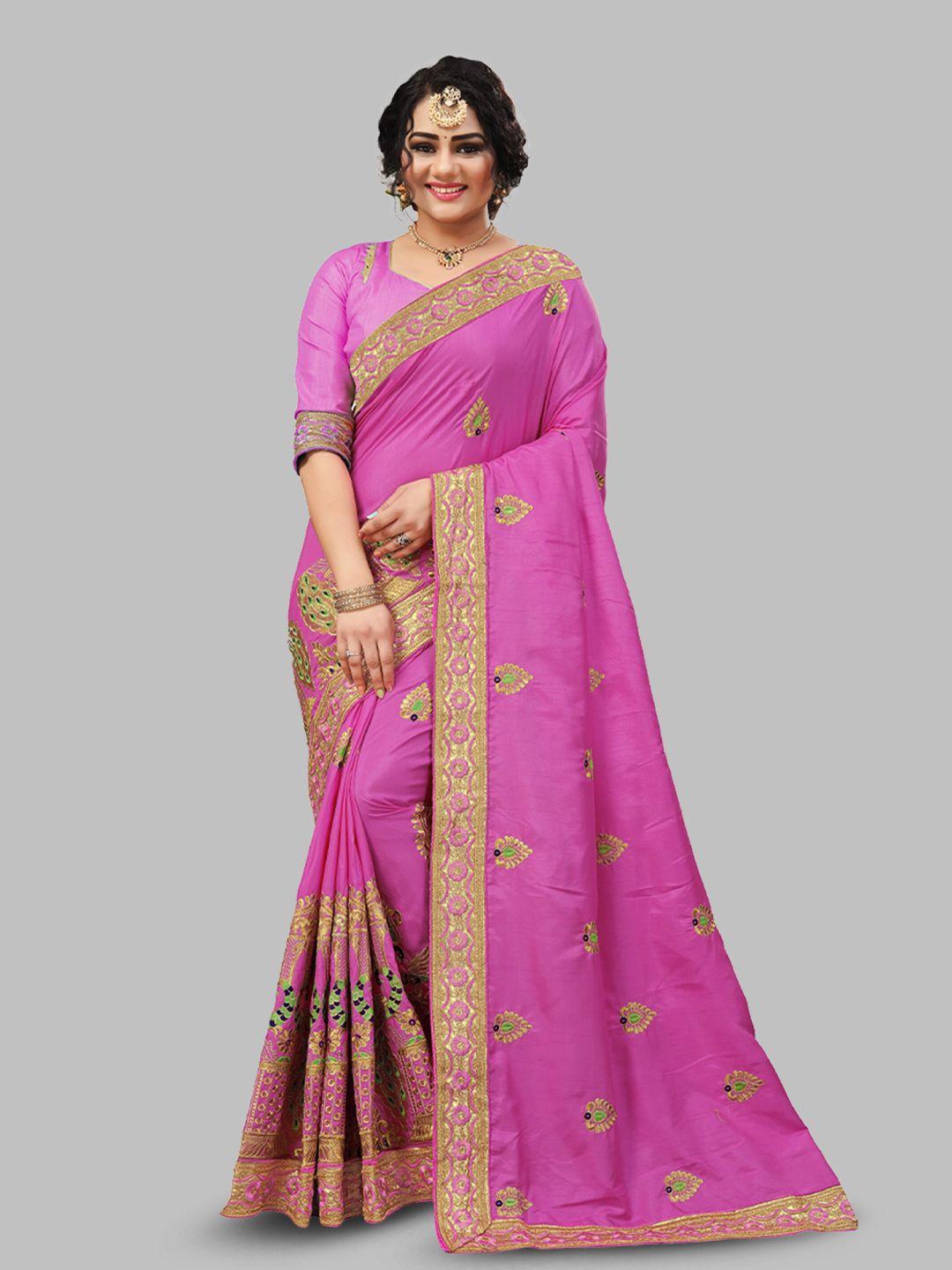 n n enterprise pink & gold-toned ethnic motifs embroidered net leheriya saree