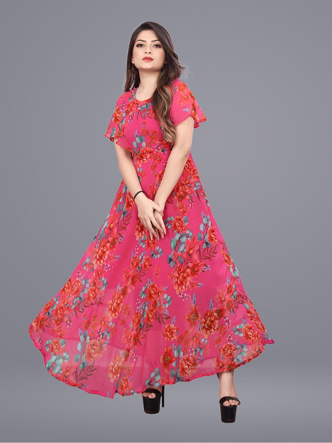 n n enterprise pink floral print flared sleeve georgette fit & flare maxi dress