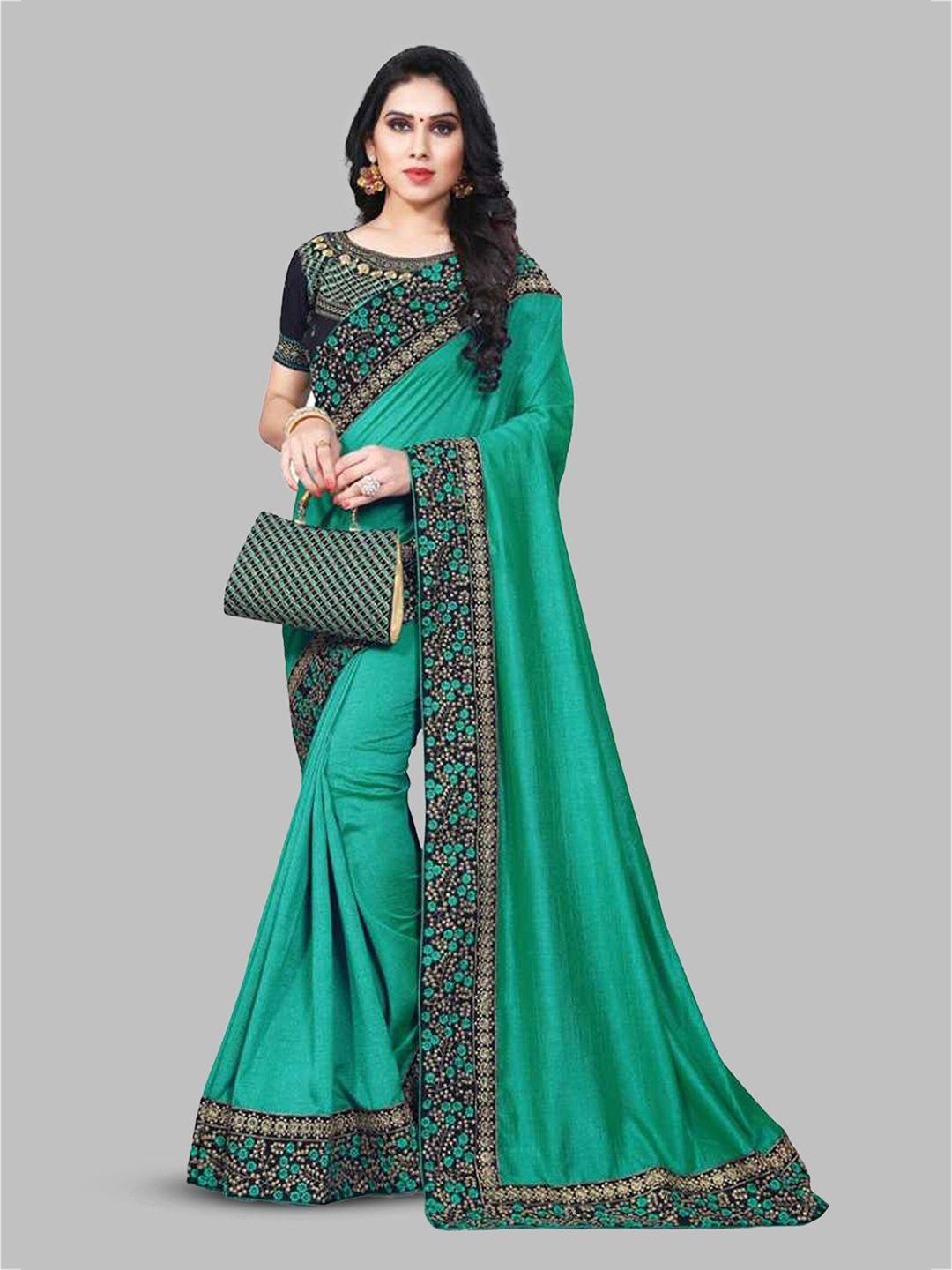 n n enterprise sea green & black embroidered poly georgette leheriya saree
