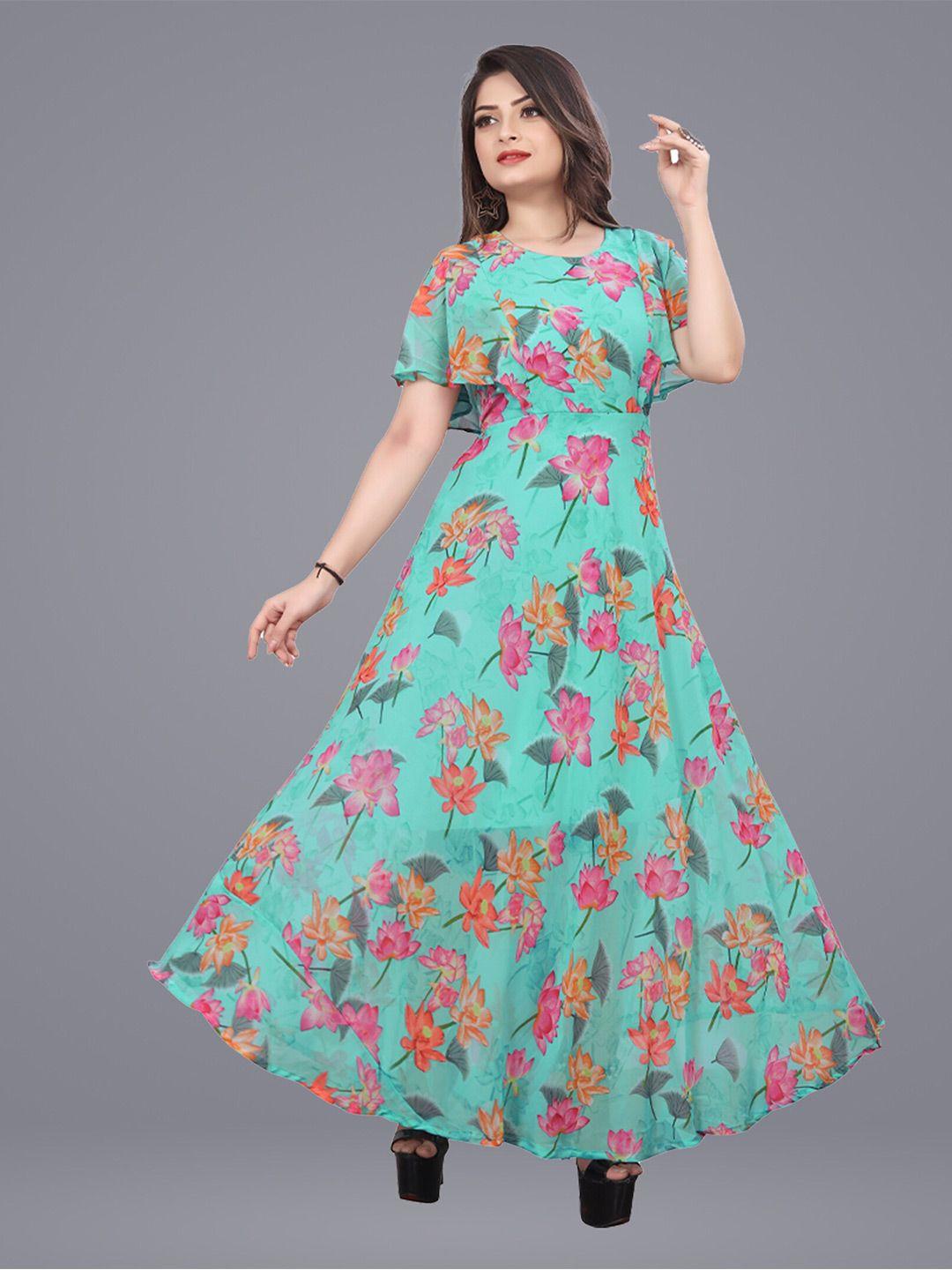 n n enterprise turquoise blue & pink floral print flared sleeve maxi dress