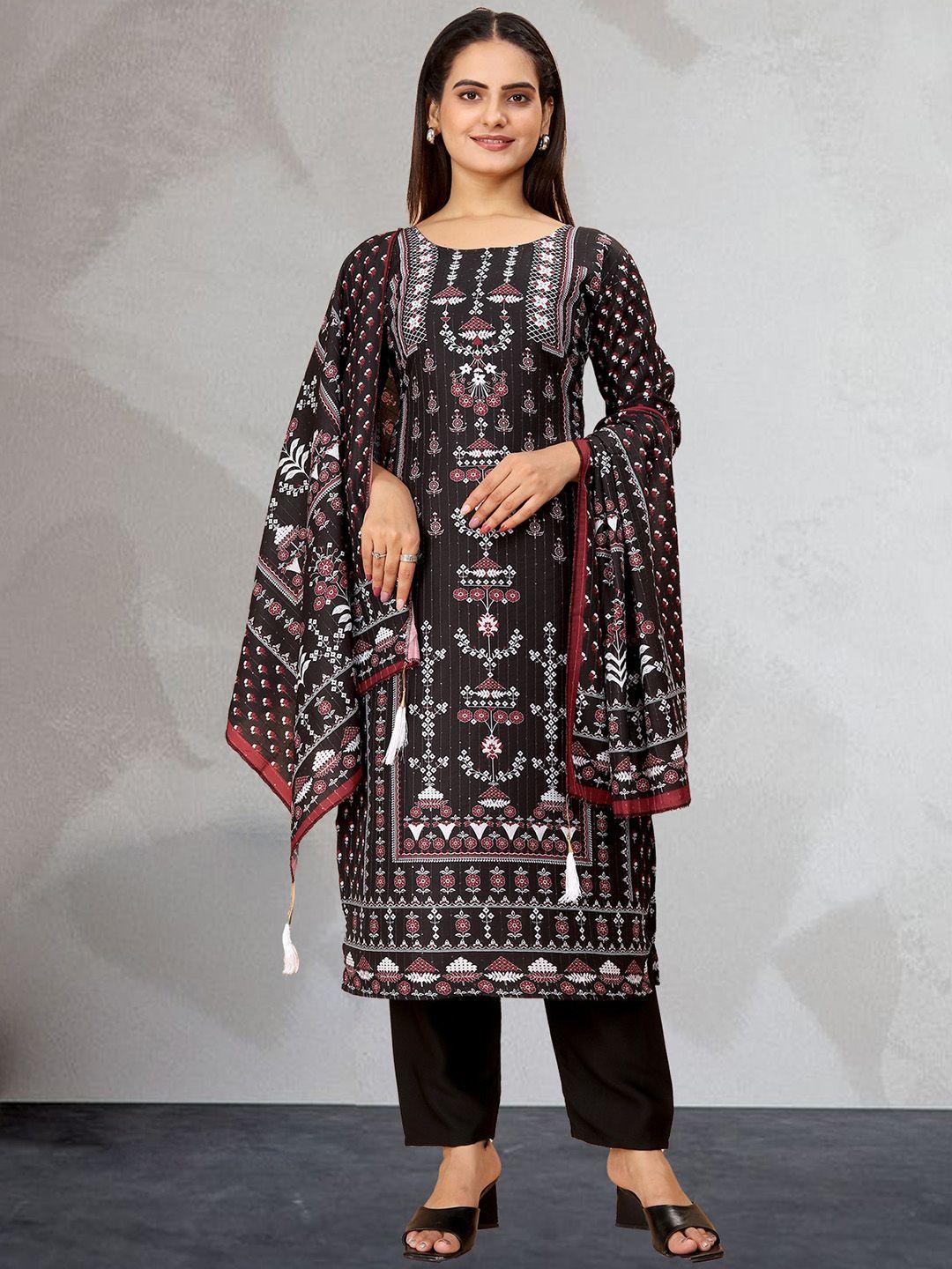 n n enterprise women black floral embroidered regular sequinned pure cotton kurti with pyjamas & with dupatta