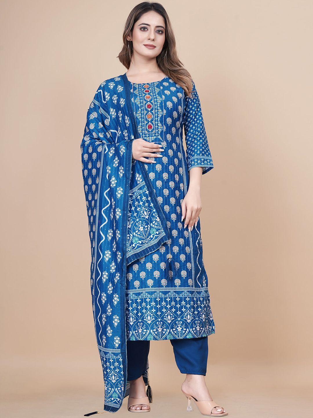 n n enterprise women blue floral embroidered regular sequinned pure cotton kurti with pyjamas & with dupatta