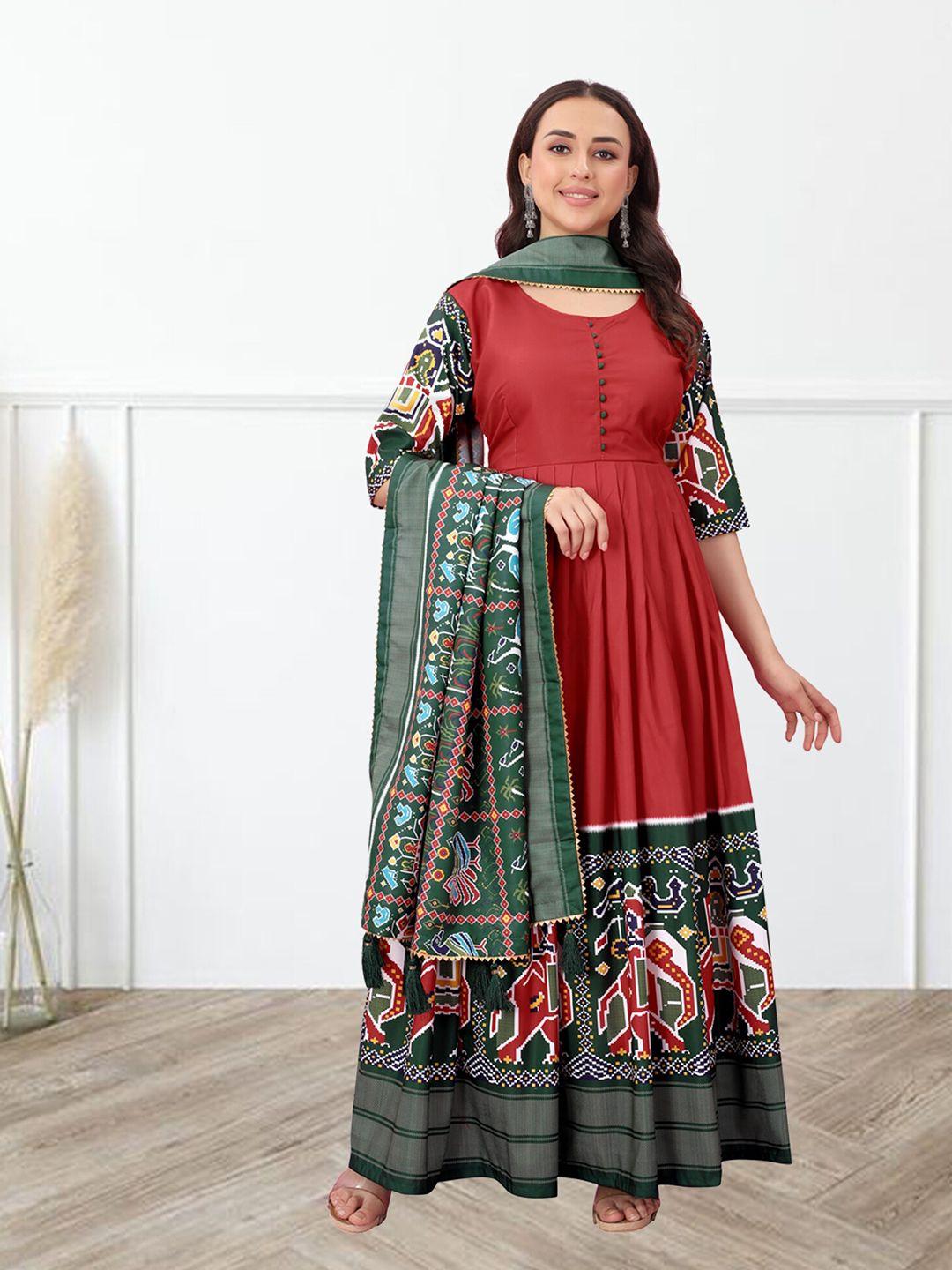 n n enterprise women red & green ethnic motifs printed kurta with dupatta