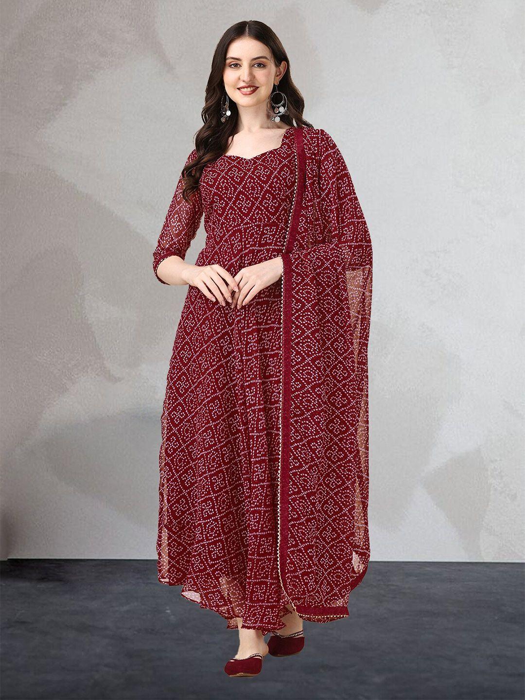 n n enterprise women red & rosewood bandhani printed georgette anarkali kurta