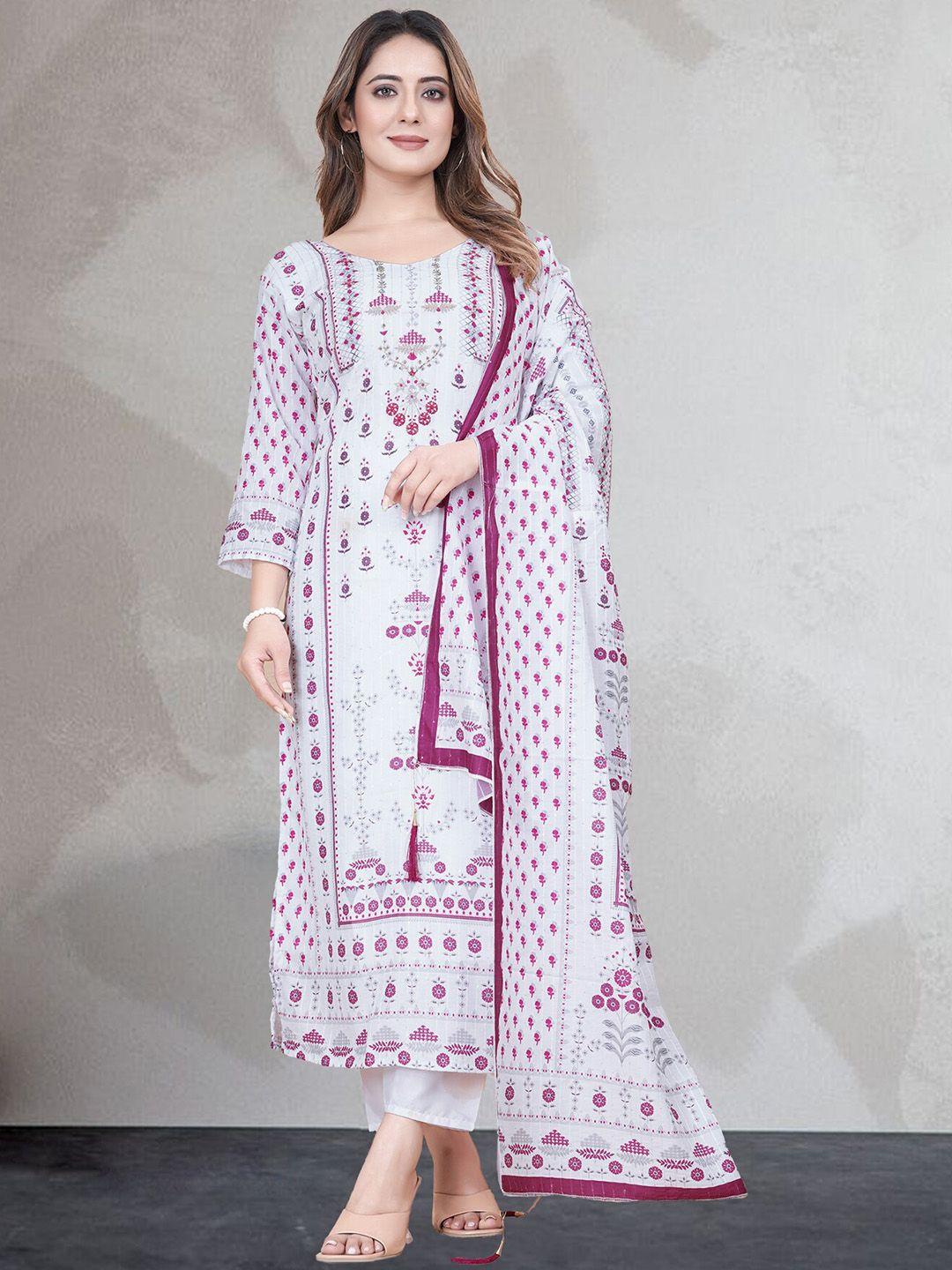 n n enterprise women white floral embroidered regular sequinned pure cotton kurti with pyjamas & with dupatta